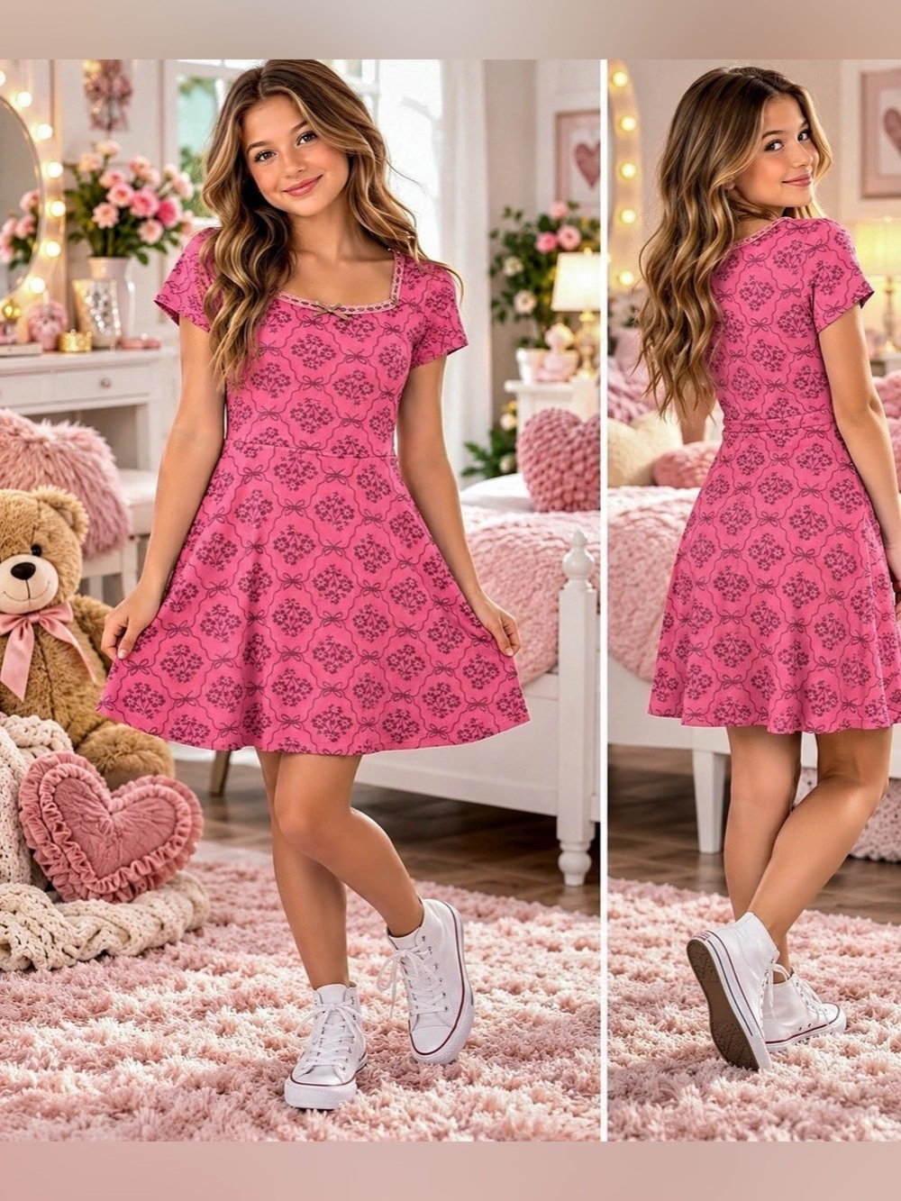Girls Derek Heart Floral Mini Dress Pink/Brown Size 12 NWT